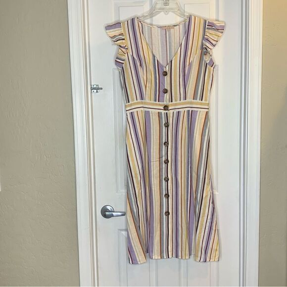 Evolutionary Linen Dress Striped Ruffle Size Large - Picture 8 of 10